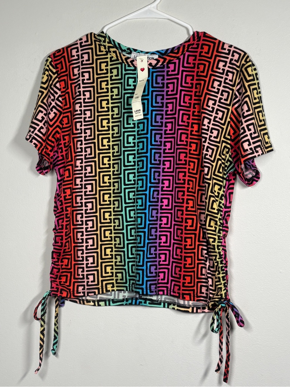 Love Nation Multicolor Geometric Tie-Detail Short Sleeve Top